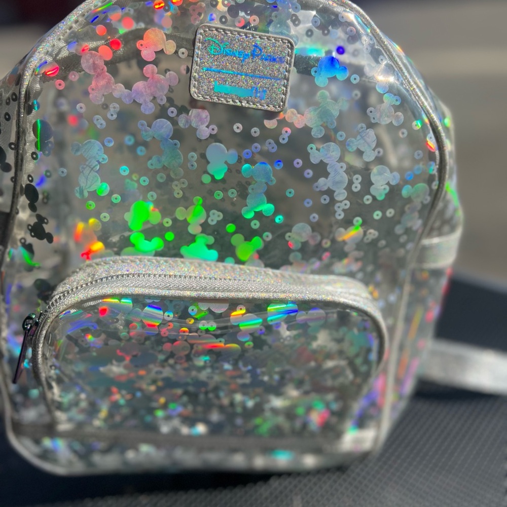 Disney parks loungefly transparent mini backpack & glitter wristlet bundle